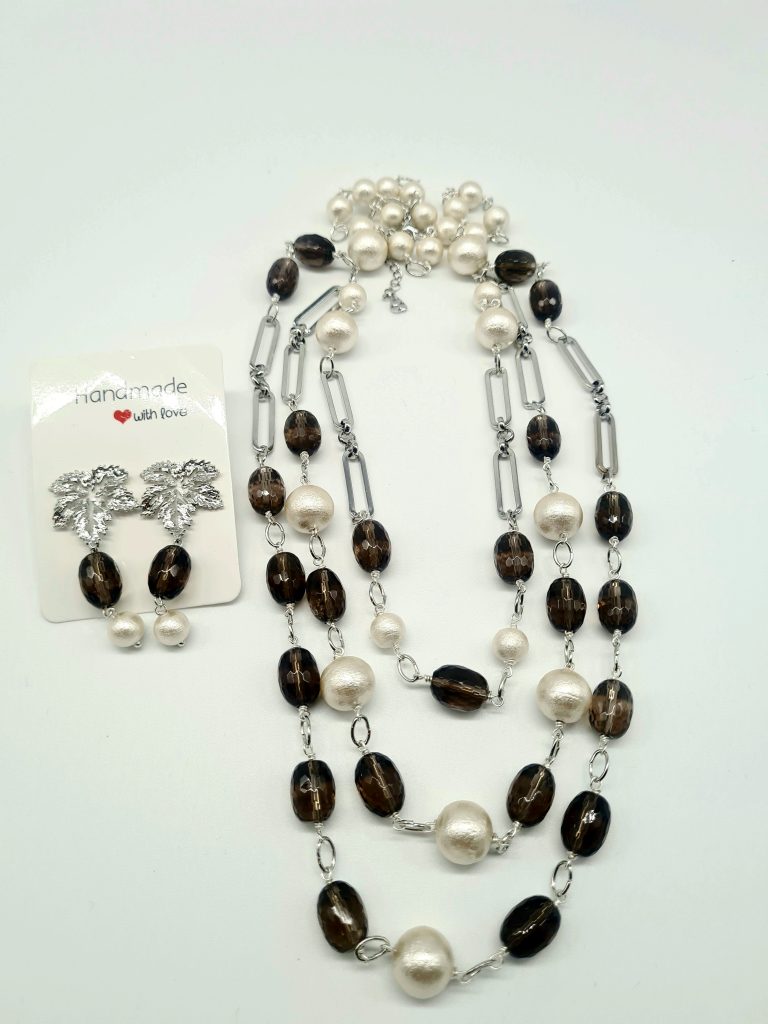 Chinelle Necklace – Smoky Quartz and Cotton Pearl
