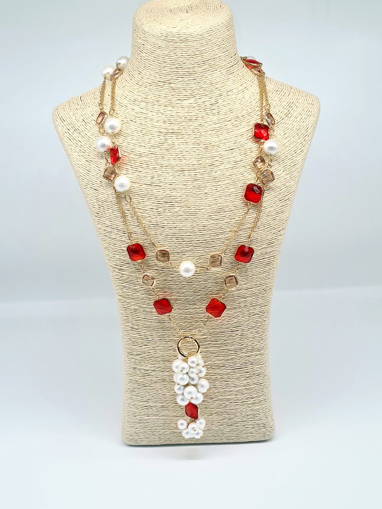 Joie Necklace - Cotton Pearl and Red