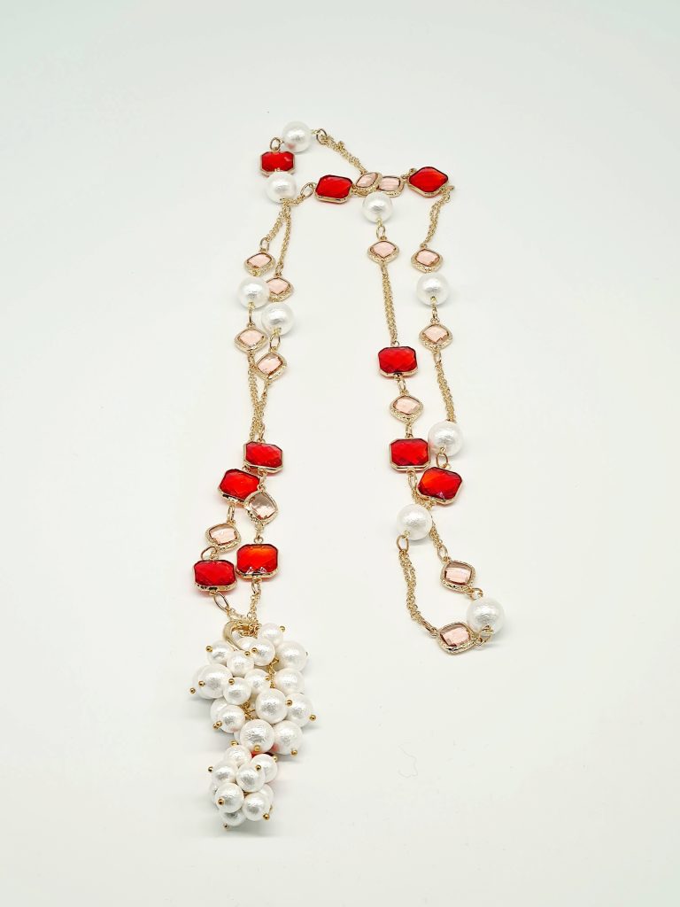 Joie Necklace - Cotton Pearl and Red Crystal 2