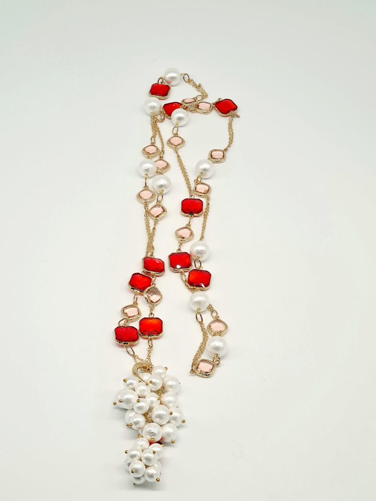 Joie Necklace - Cotton Pearl and Red Crystal 4